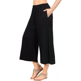 Women's Elastic Waist Solid Palazzo Casual Wide Leg Pants with Pockets