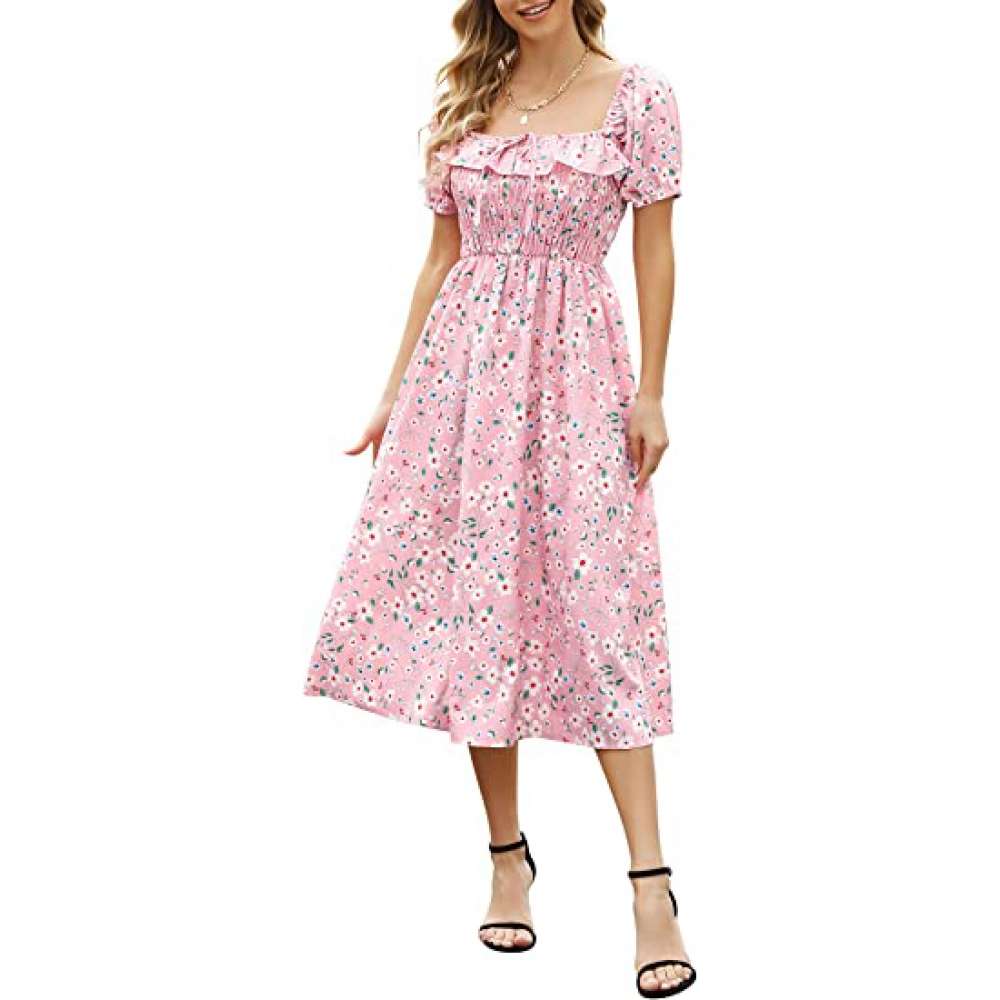 Womens Summer Puff Sleeve Off Shoulder Dress Floral Print Ruffle Square Neck Vintage Smocked Flowy Midi Dress
