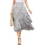 Women's Floral Printed Midi Skirt Elastic Waist Ruffle Tiered Flowy Skirt